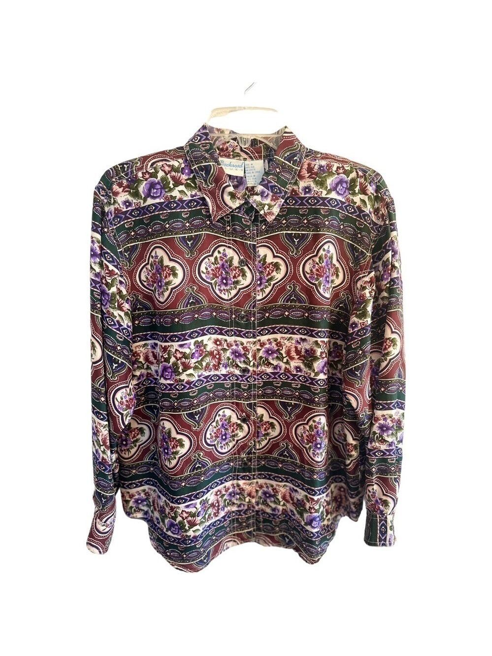 Backroad Blues Floral Silk Top Blouse Burgandy & Green Vintage 90s Button Front